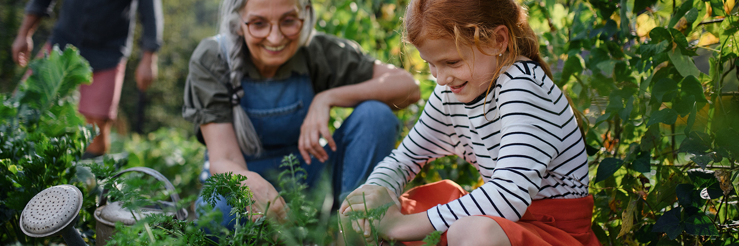 A red-headed young girl gardening with her grandmother, both kneeling while digging into the dirt.