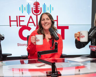 Three leaders from Stony Brook Medicine sit in the studio for a podcast about the national nursing shortage.