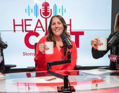 Three leaders from Stony Brook Medicine sit in the studio for a podcast about the national nursing shortage.