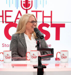 Three experts at Stony Brook Medicine sitting in the podcast recording studio, discussing nurse evidence-based practices.