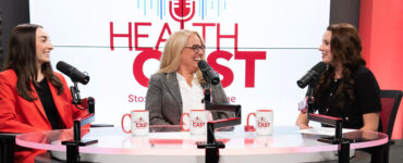 Three experts at Stony Brook Medicine sitting in the podcast recording studio, discussing nurse evidence-based practices.