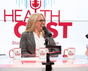 Three experts at Stony Brook Medicine sitting in the podcast recording studio, discussing nurse evidence-based practices.