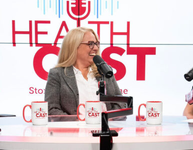 Three experts at Stony Brook Medicine sitting in the podcast recording studio, discussing nurse evidence-based practices.