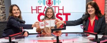 Three experts from Stony Brook Children's Hospital in the podcast studio holding coffee mugs.