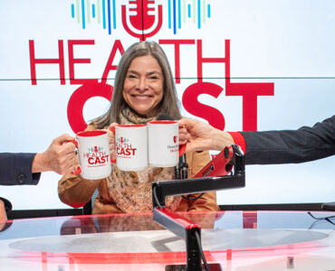 Three experts from Stony Brook Children's Hospital in the podcast studio holding coffee mugs.
