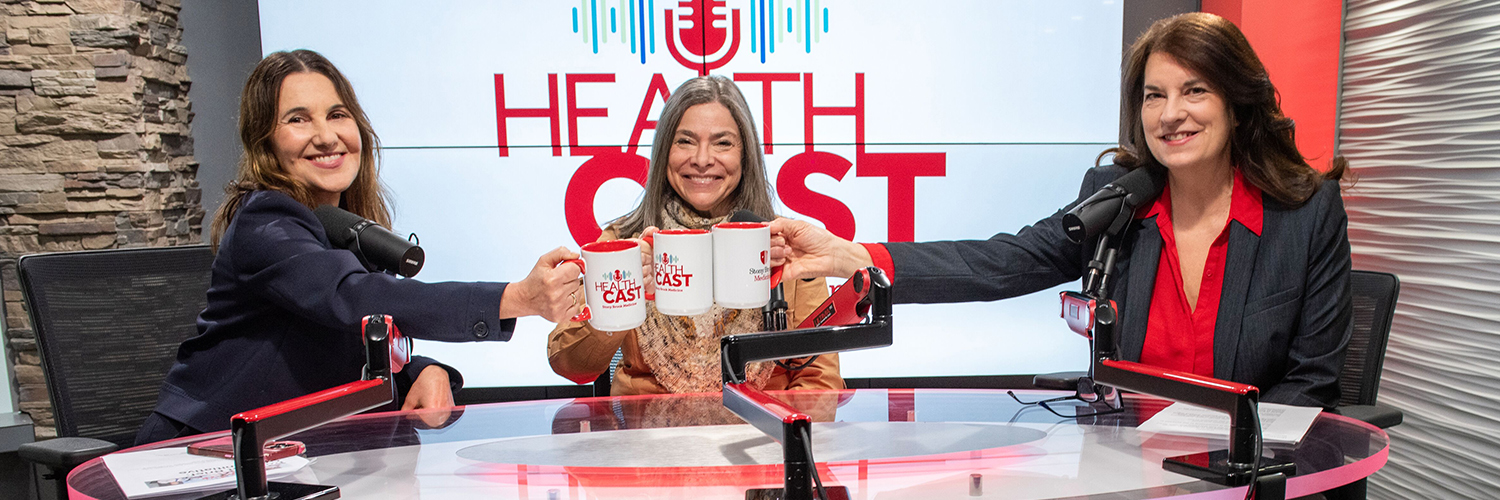 Three experts from Stony Brook Children's Hospital in the podcast studio holding coffee mugs.