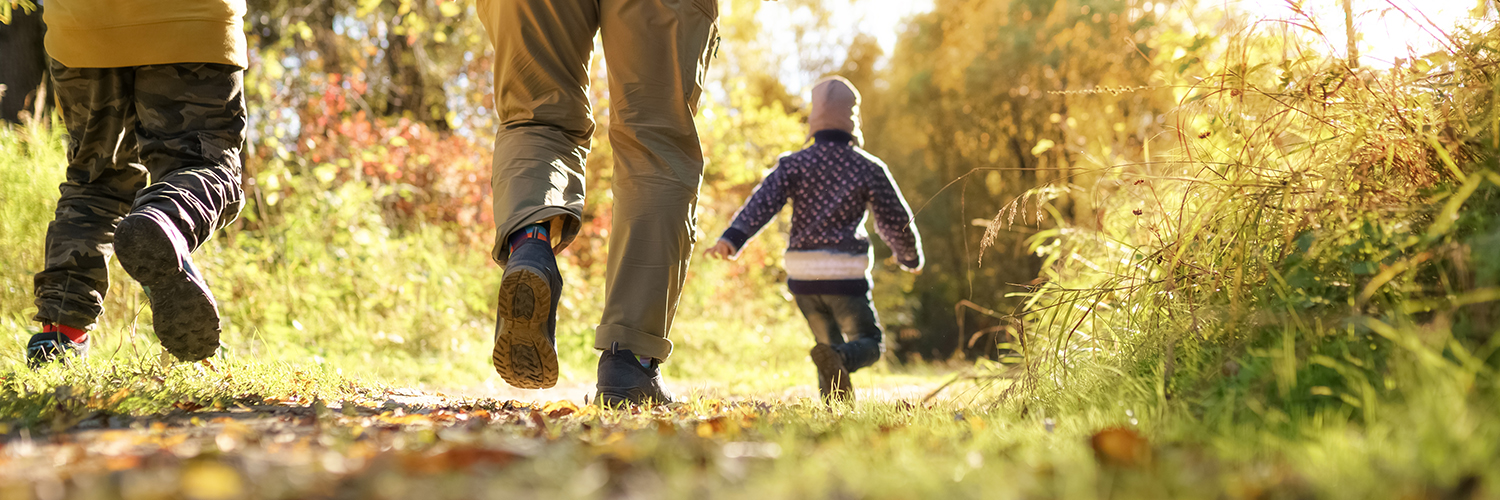 A father with two kids walking through a wooded area during the fall season.