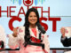 Three doctors in the Stony Brook Medicine studio holding their Healthcast-branded mugs in the air.