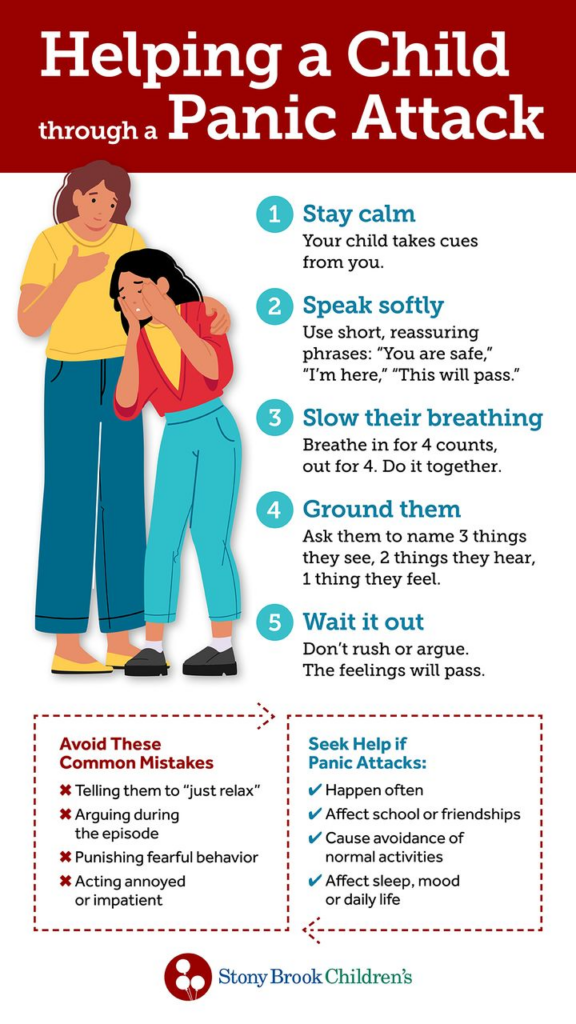 This image is an infographic that explains how an adult can help a child through a panic attack and when to seek help from a healthcare professional.
