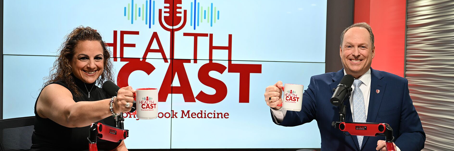 Experts from Stony Brook Medicine sitting in the podcast studio, holding up coffee mugs and smiling.