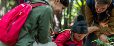 family hiking in the woods stopped to inspect something.
