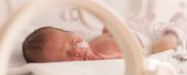 Premature newborn baby girl in the hospital incubator.