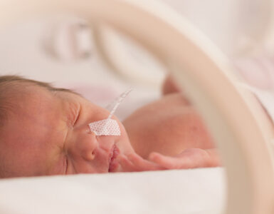 Premature newborn baby girl in the hospital incubator.